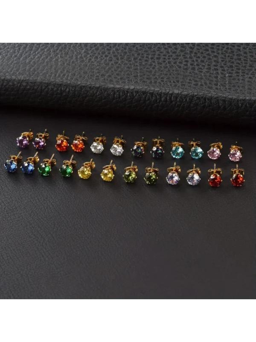 Σκουλαρίκια επιχρυσωμένο ατσάλι με μικρό στρόγγυλο zircon-EA300-2 Πολύχρωμο